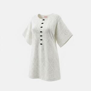 VINTAGE E-STEWART WOOD BARREL BUTTON IVORY MINI DRESS SZ M/L